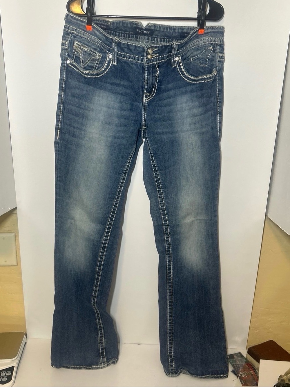Vigoss Women’s Dark Blue Flare Jeans with Whiskering
